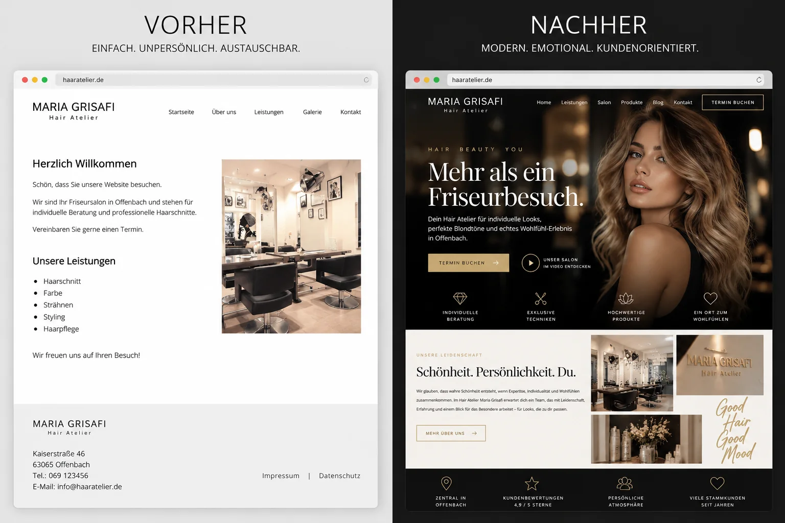 Vorher-Nachher Hair Atelier Website-Redesign